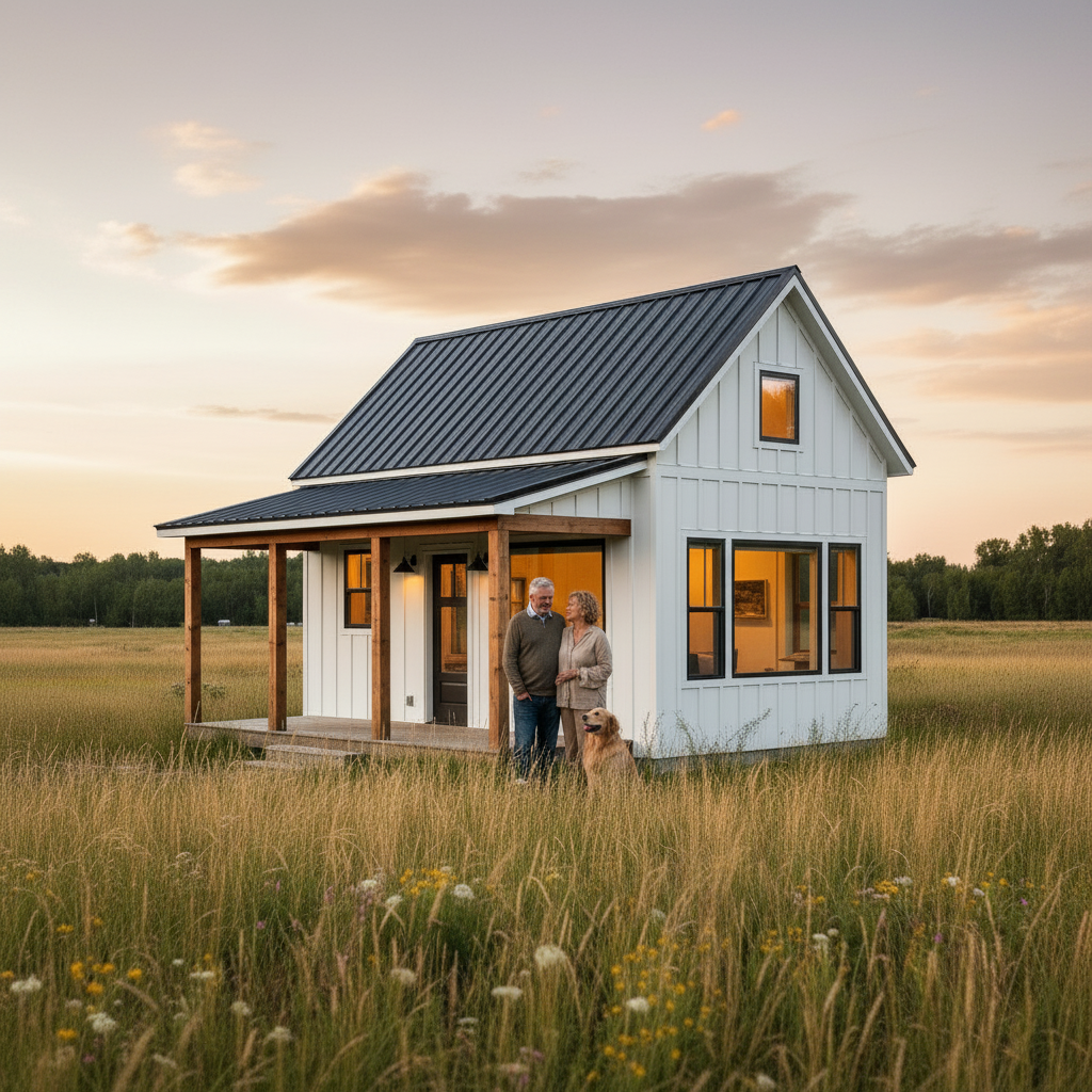 An older couple and their golden retriever in front of their lit tiny house at dusk