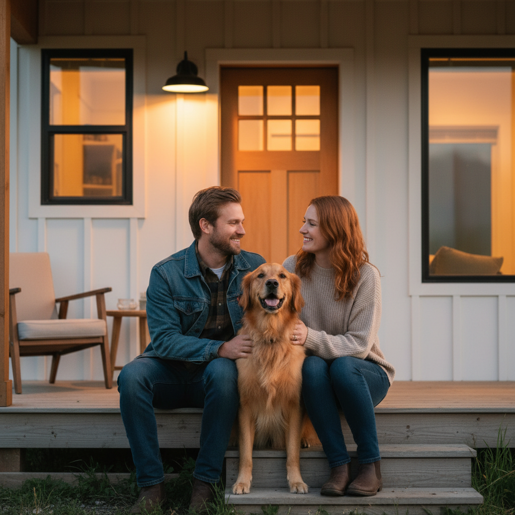 The couple and their golden retriever on the porch of their tiny house at dusk
