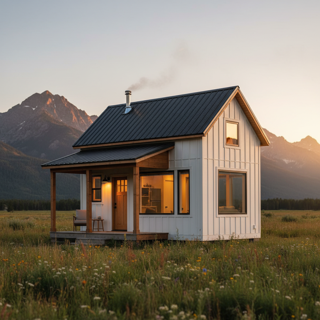A warm modern farmhouse tiny house at dusk in a mountain meadow, windows glowing amber