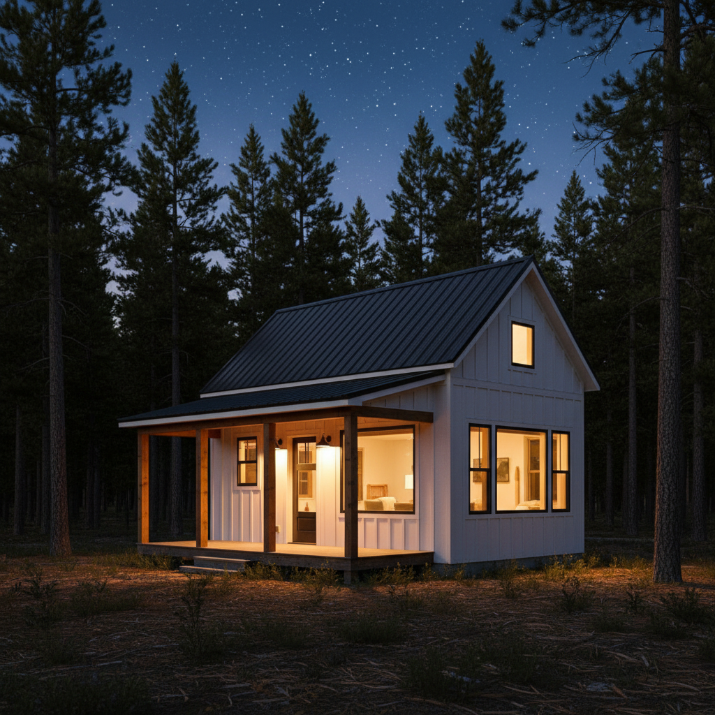 Your tiny house in the night in the pines — Your interior, lamplit