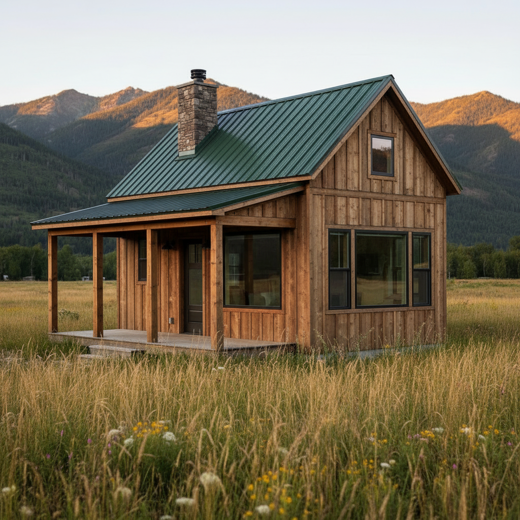 The same tiny house rendered in a Rustic cabin style, on the same land at dusk
