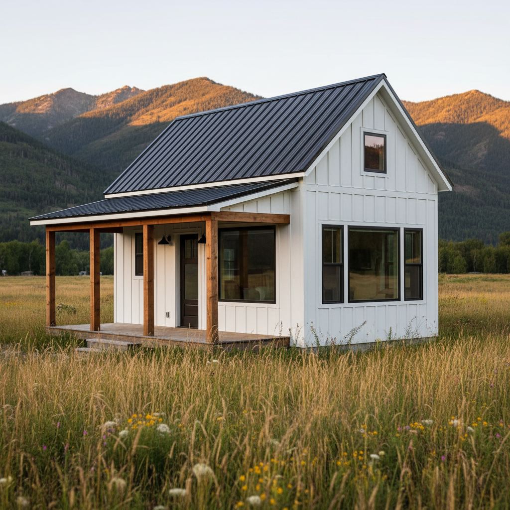 The same tiny house rendered in a Modern farmhouse style, on the same land at dusk