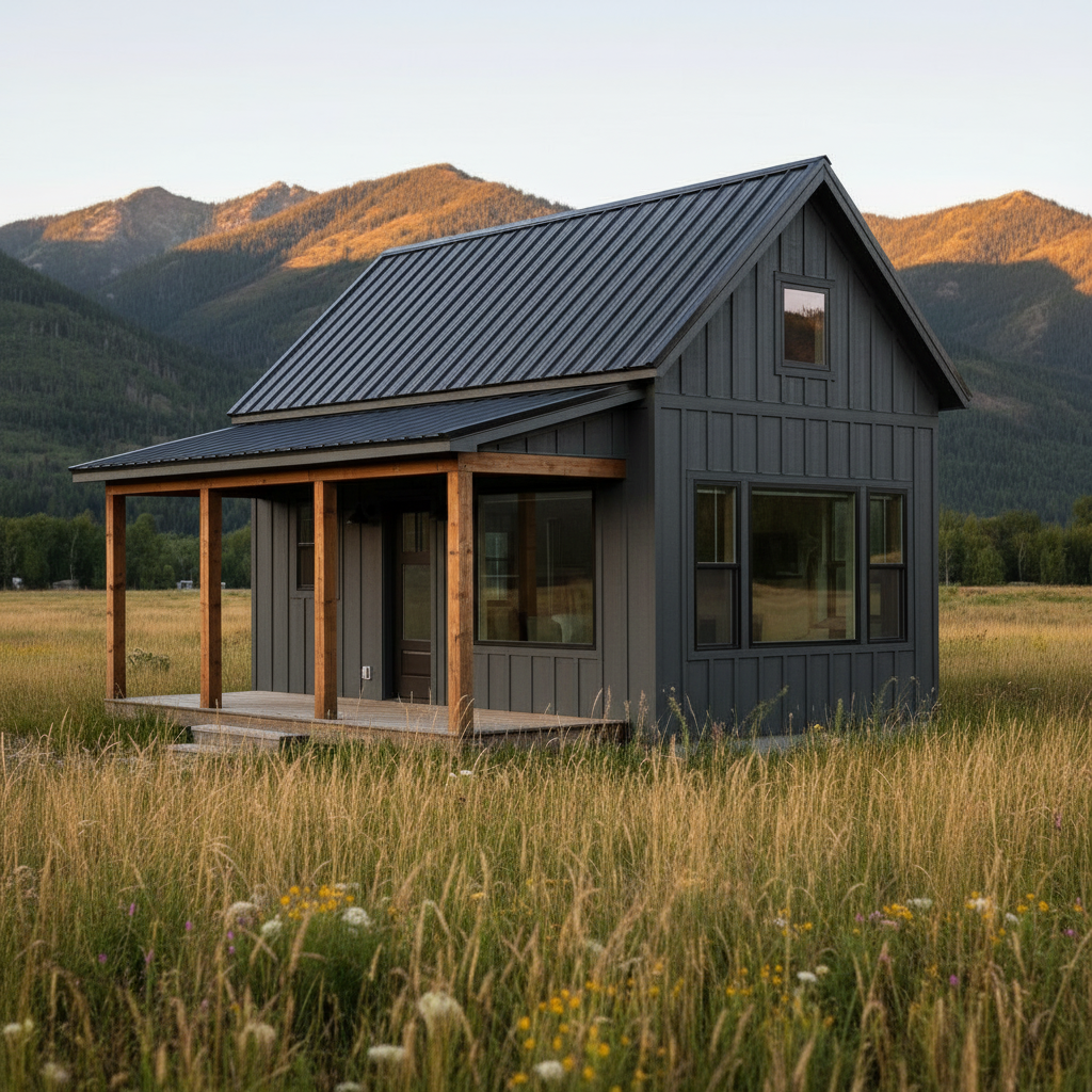 The same tiny house rendered in a Modern style, on the same land at dusk