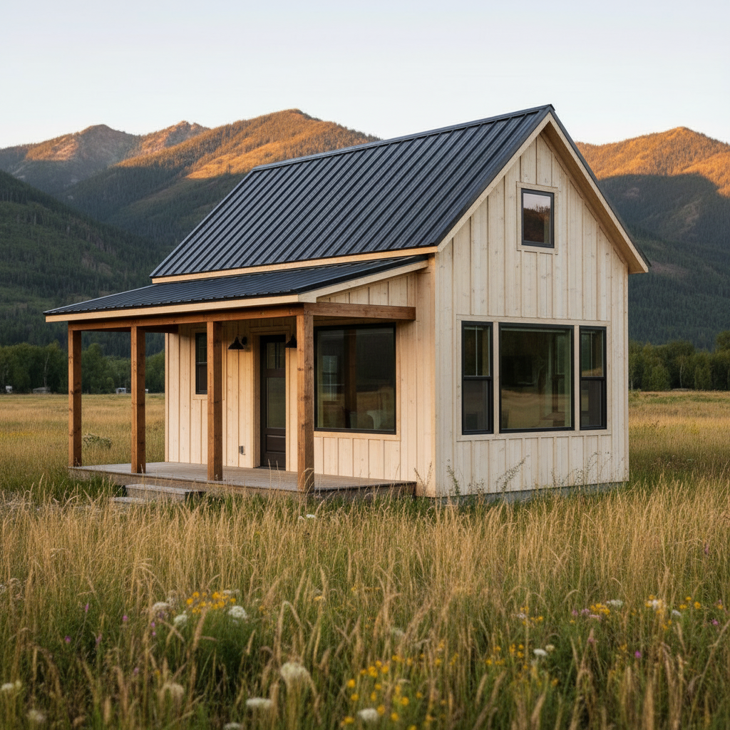The same tiny house rendered in a Scandinavian style, on the same land at dusk